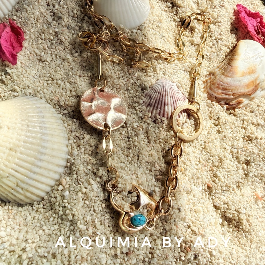 Turquoise Gold Chunky Chain Pendant Coastal Mystic Necklace 54$